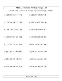 Hallar Media, Mediana, Moda y Rango (5 elementos organizados, Rango de 100 a 999)