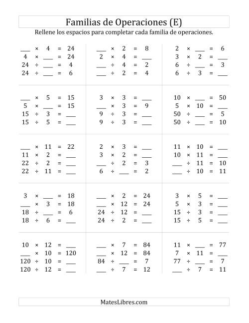 La hoja de ejercicios de Multiplicación y División hasta 144 (E)