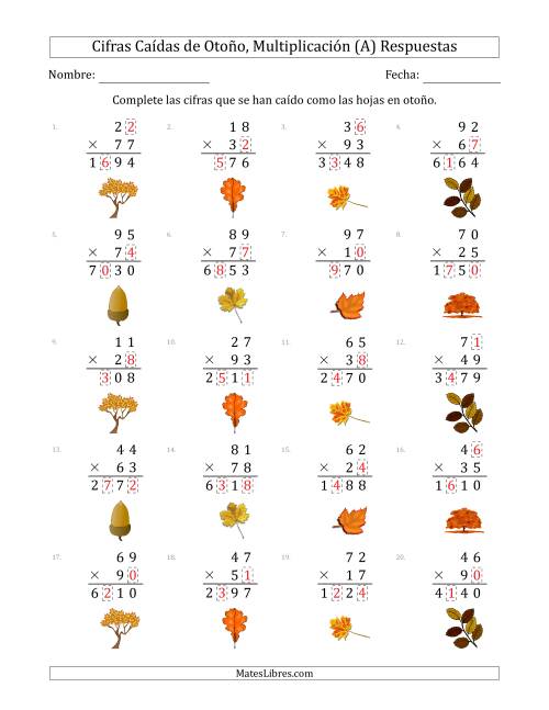 La hoja de ejercicios de Cifras Caídas de Otoño, Multiplicación (Versión Difícil) (Todas) Página 2