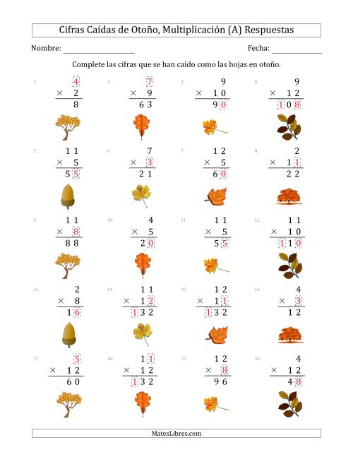 La hoja de ejercicios de Cifras Caídas de Otoño, Multiplicación (Versión Sencilla) (A) Página 2