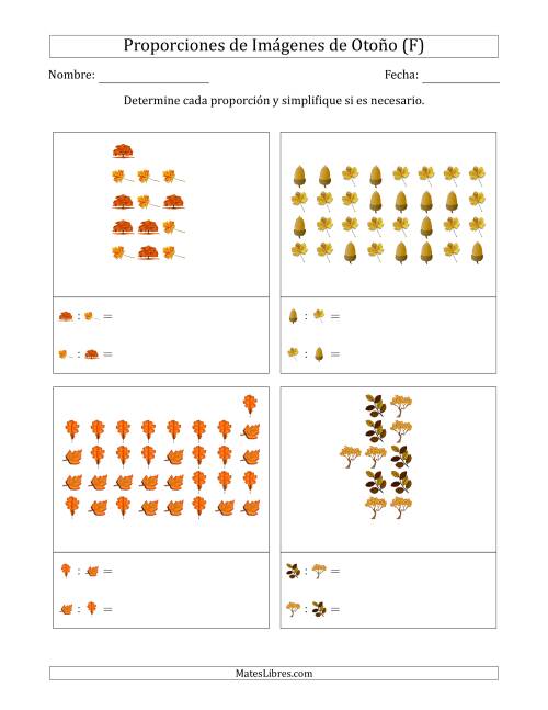 La hoja de ejercicios de Proporciones de Imágenes de Árboles de Otoño, Proporción entre partes (Dispersas) (F)
