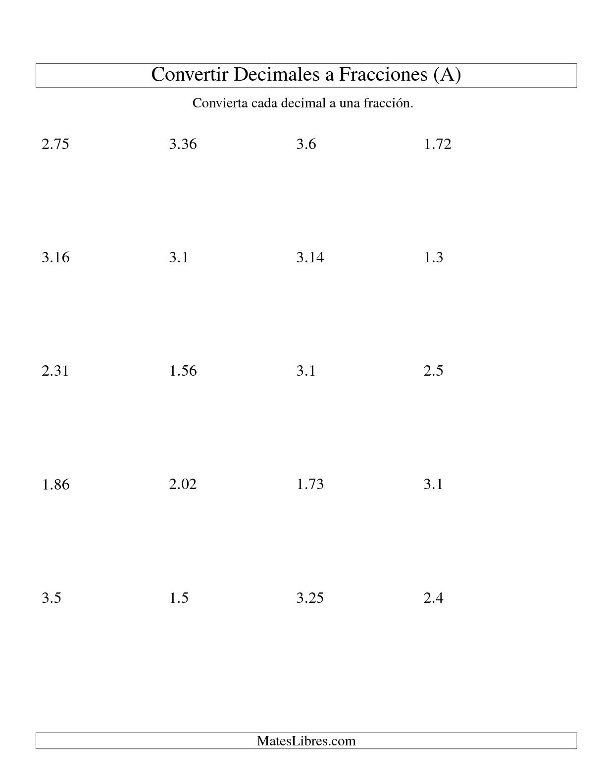 Convertir Decimales En Fracciones A Hoja De Ejercicio De Fracciones