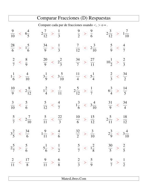 La hoja de ejercicios de Comparar Fracciones Simples, Impropias y Mixtas a Doceavos (D) Página 2