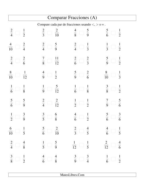 La hoja de ejercicios de Comparar Fracciones Simples a Doceavos (sin 7 ni 11) (A)