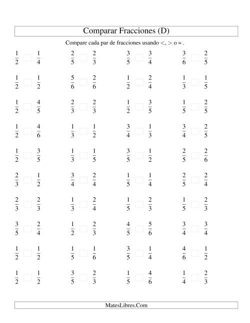 La hoja de ejercicios de Comparar Fracciones Simples a Sextos (D)