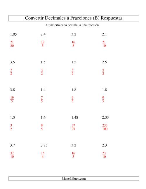 La hoja de ejercicios de Convertir Decimales en Fracciones (B) Página 2