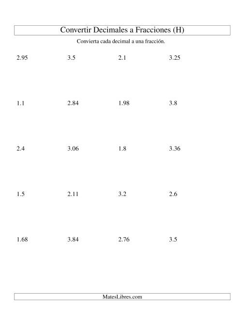 La hoja de ejercicios de Convertir Decimales en Fracciones (H)