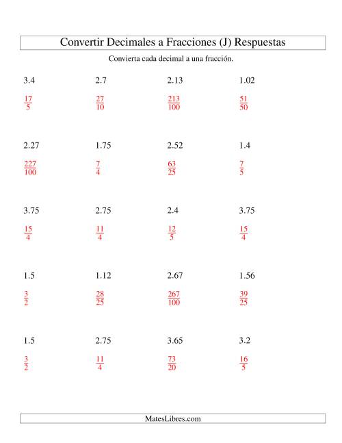 La hoja de ejercicios de Convertir Decimales en Fracciones (J) Página 2