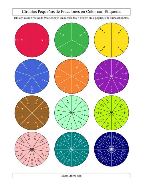 La hoja de ejercicios de Círculos Pequeños de Fracciones en Color con Etiquetas