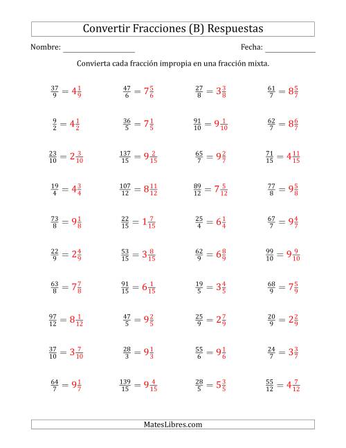 La hoja de ejercicios de Convertir de Fracciones Impropias a Fracciones Mixtas (B) Página 2