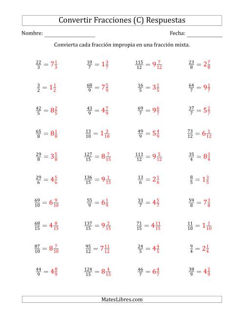 La hoja de ejercicios de Convertir de Fracciones Impropias a Fracciones Mixtas (C) Página 2