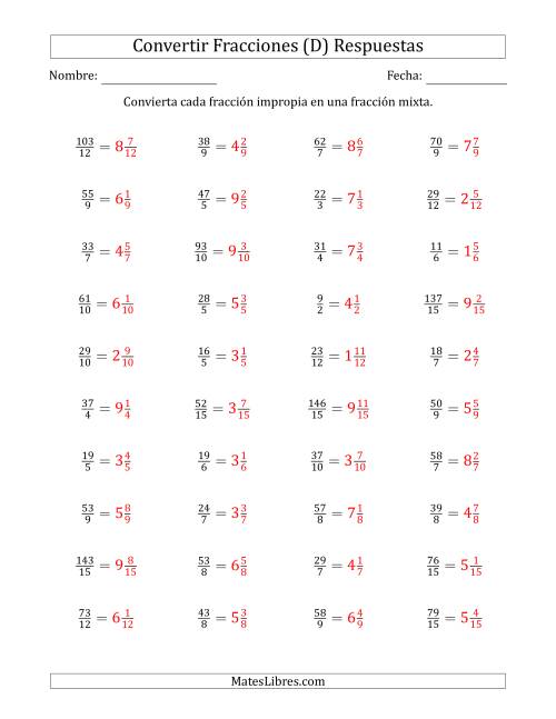 La hoja de ejercicios de Convertir de Fracciones Impropias a Fracciones Mixtas (D) Página 2