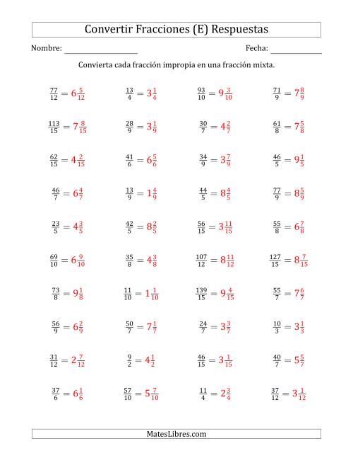 La hoja de ejercicios de Convertir de Fracciones Impropias a Fracciones Mixtas (E) Página 2