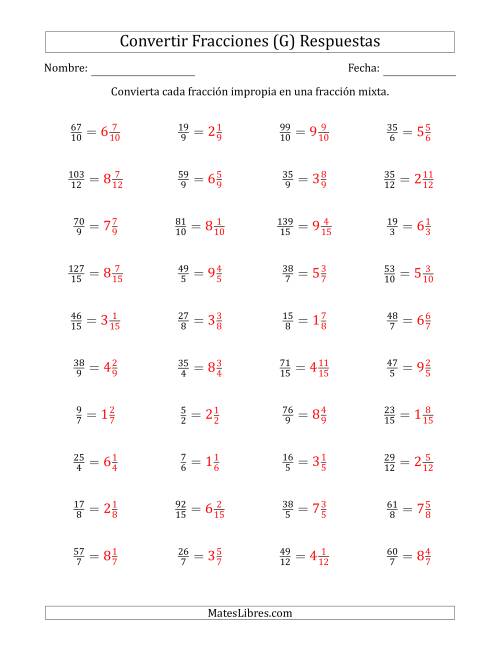 La hoja de ejercicios de Convertir de Fracciones Impropias a Fracciones Mixtas (G) Página 2