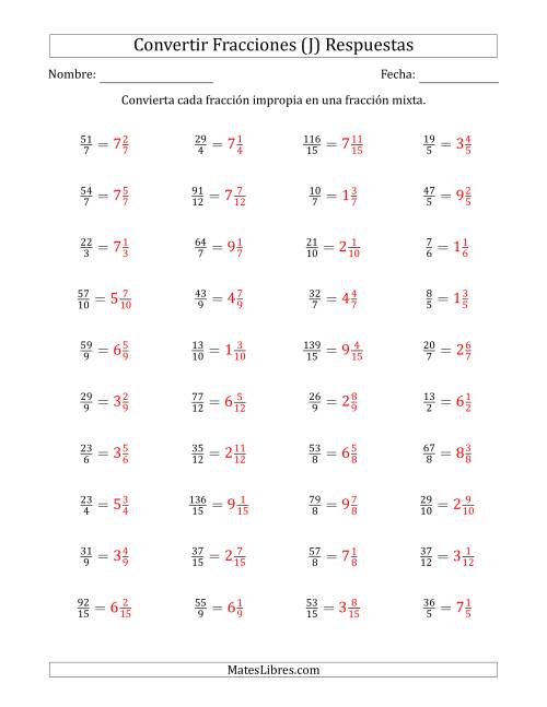La hoja de ejercicios de Convertir de Fracciones Impropias a Fracciones Mixtas (J) Página 2
