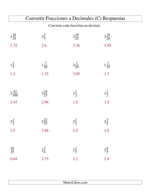 La hoja de ejercicios de Convertir Fracciones Mixtas en Decimales (C) Página 2