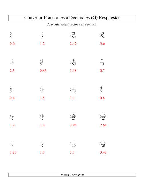 La hoja de ejercicios de Convertir Fracciones Mixtas en Decimales (G) Página 2
