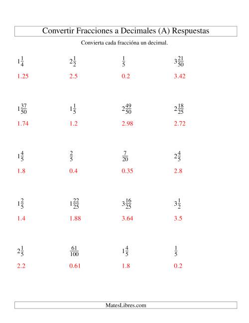 La hoja de ejercicios de Convertir Fracciones Mixtas en Decimales (Todas) Página 2