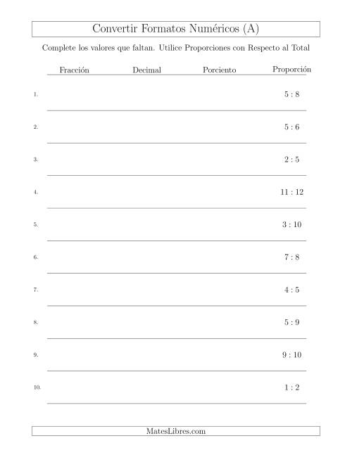 La hoja de ejercicios de Convertir de Proporciones con Respecto al Total a Fracciones, Decimales, y Porcientos (Todas)