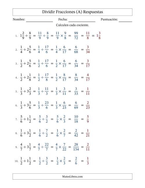 La hoja de ejercicios de Dividir fracciones propias y mixtas y con simplificación en todas (Rellenable) (A) Página 2