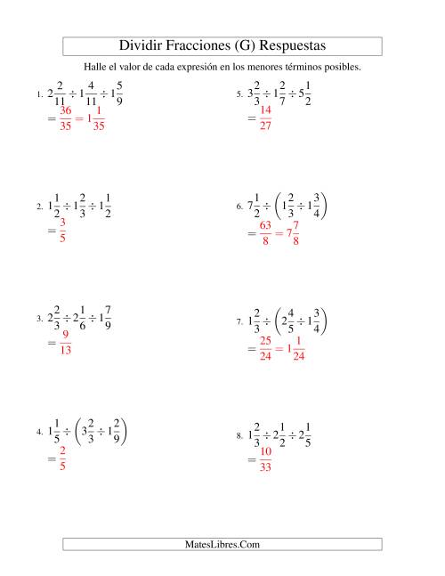 La hoja de ejercicios de Dividir y Simplificar Tres Fracciones Mixtas (G) Página 2
