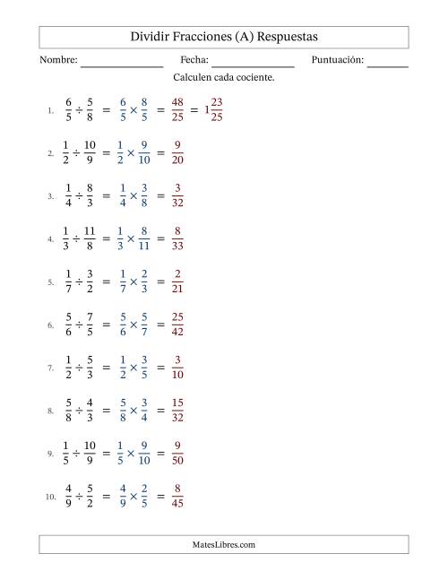 La hoja de ejercicios de Dividir fracciones propias e impropias y sin simplificación (Rellenable) (A) Página 2