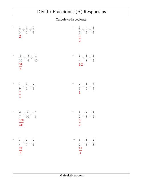 La hoja de ejercicios de Dividir Tres Fracciones Propias y (A) Página 2