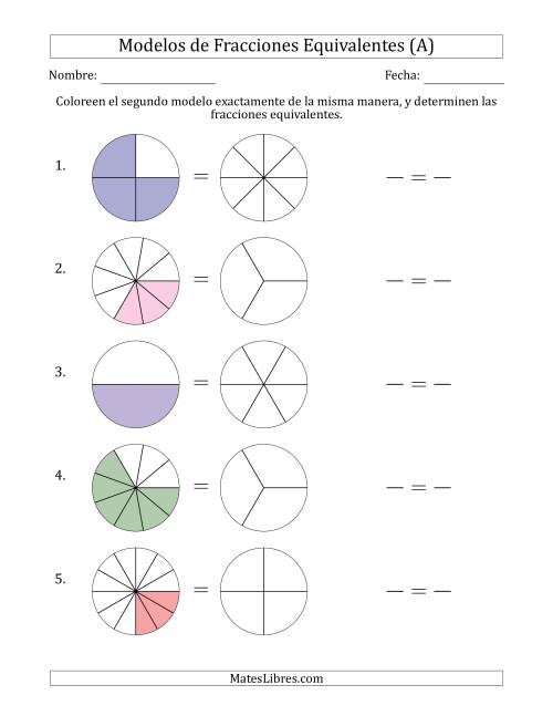 La hoja de ejercicios de Modelos de Fracciones Equivalentes (Fracción Simplificada en Cualquier Posición) (A)