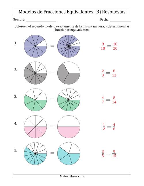 La hoja de ejercicios de Modelos de Fracciones Equivalentes (Fracción Simplificada en Cualquier Posición) (B) Página 2