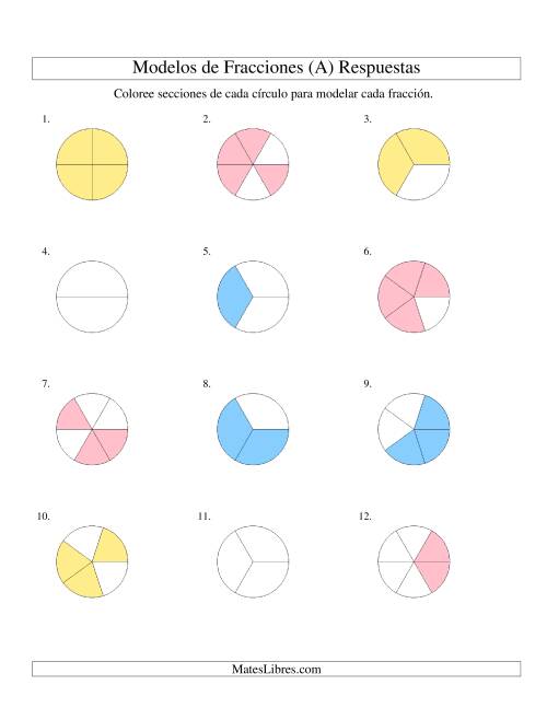 La hoja de ejercicios de Colorear de Mitades a Sextos de Círculos (A) Página 2