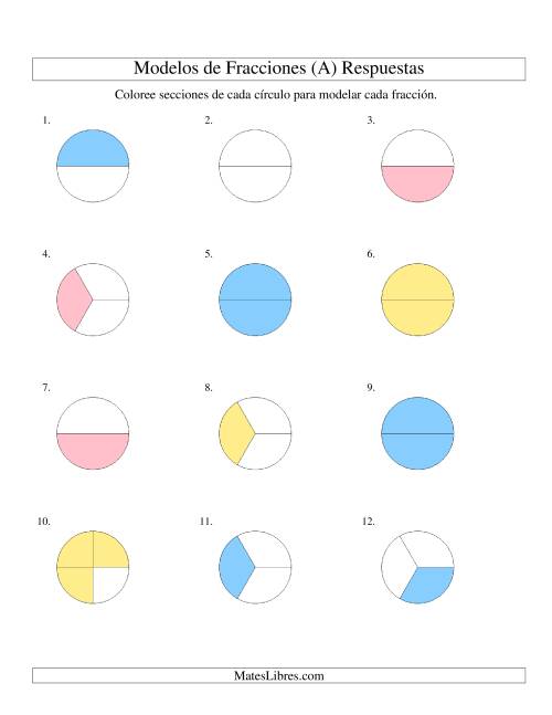 La hoja de ejercicios de Colorear de Mitades a Cuartos de Círculos (A) Página 2