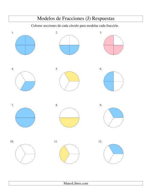 La hoja de ejercicios de Colorear de Mitades a Cuartos de Círculos (J) Página 2