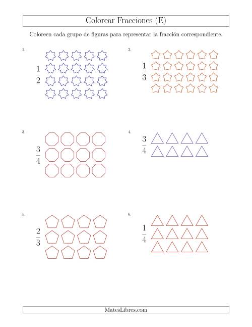 La hoja de ejercicios de Colorear Grupos de Figuras para Representar Fracciones (E)