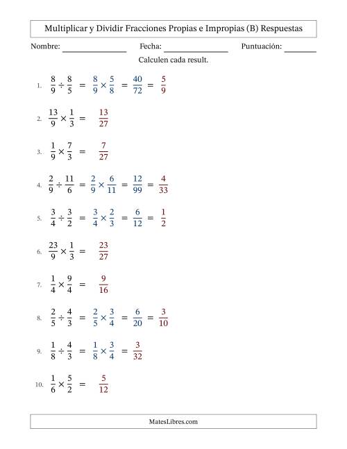 La hoja de ejercicios de Multiplicar y dividir fracciones propias e impropias y con alguna simplificación (Rellenable) (B) Página 2