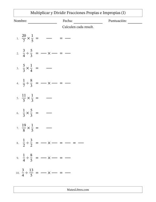 La hoja de ejercicios de Multiplicar y dividir fracciones propias e impropias y con alguna simplificación (Rellenable) (I)