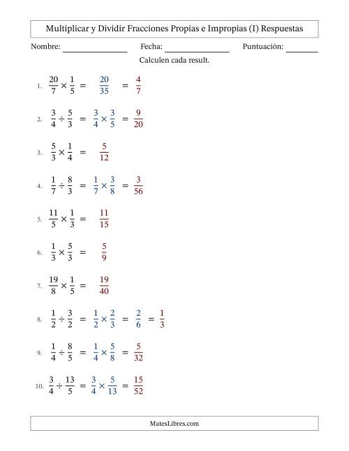 La hoja de ejercicios de Multiplicar y dividir fracciones propias e impropias y con alguna simplificación (Rellenable) (I) Página 2