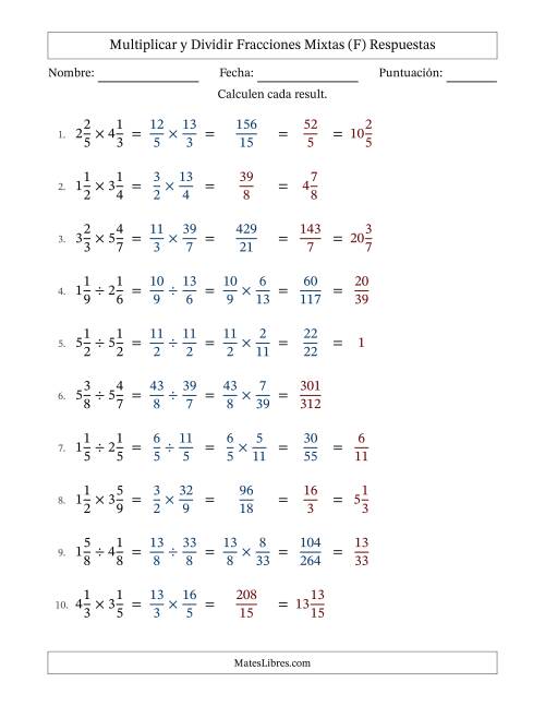 La hoja de ejercicios de Multiplicar y dividir Two fracciones mixtas y con alguna simplificación (Rellenable) (F) Página 2