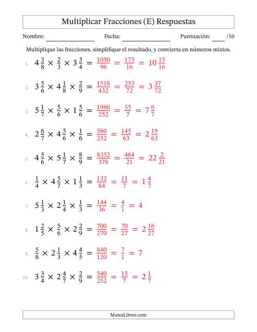 La hoja de ejercicios de Multiplicar Fracciones Propias y Fracciones Mixtas (Tres Factores) (E) Página 2