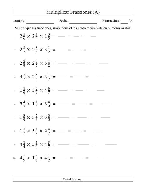 La hoja de ejercicios de Multiplicar Tres Fracciones Mixtas (A)