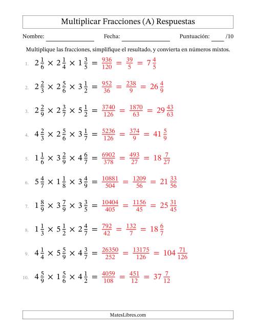 La hoja de ejercicios de Multiplicar Tres Fracciones Mixtas (A) Página 2