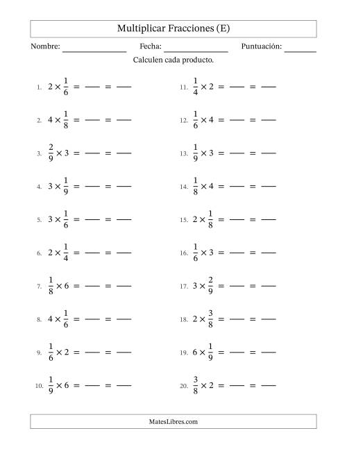 La hoja de ejercicios de Multiplicar fracciones propias con números enteros y con simplificación en todas (Rellenable) (E)
