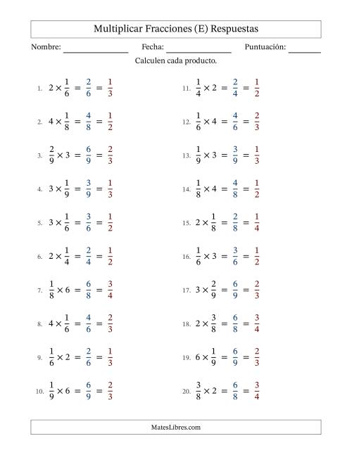 La hoja de ejercicios de Multiplicar fracciones propias con números enteros y con simplificación en todas (Rellenable) (E) Página 2