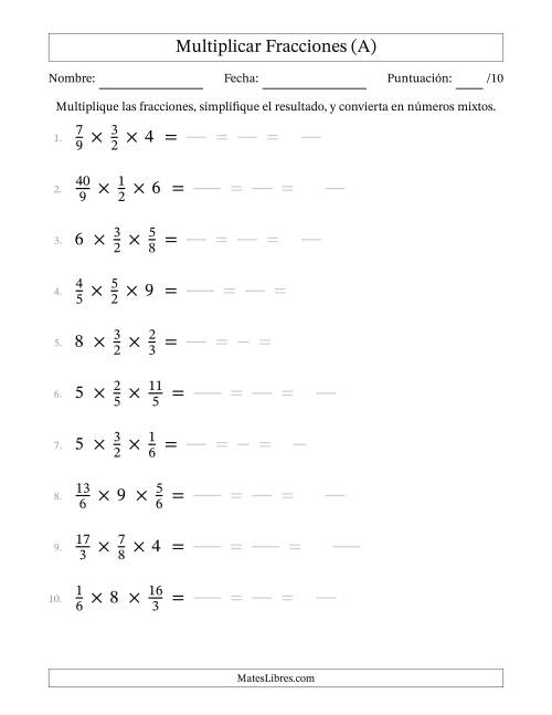 La hoja de ejercicios de Multiplicar Fracciones Propias, Impropias, y Números Enteros (A)