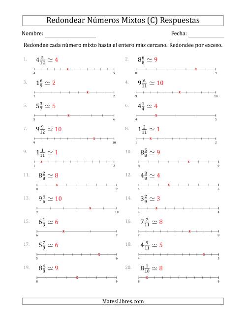 La hoja de ejercicios de Redondear Números Mixtos hasta el Entero más Cercano con Líneas Auxiliares (C) Página 2