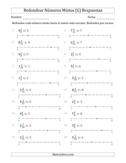La hoja de ejercicios de Redondear Números Mixtos hasta el Entero más Cercano con Líneas Auxiliares (G) Página 2