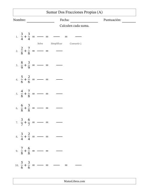 La hoja de ejercicios de Sumar dos fracciones propias con denominadores idénticos, resultados en fracciones mixtas y con alguna simplificación (Rellenable) (A)