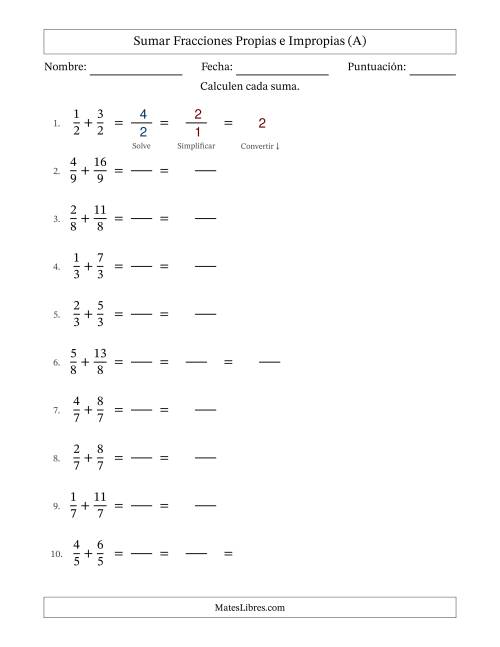 La hoja de ejercicios de Sumar fracciones propias e impropias con denominadores idénticos, resultados en fracciones mixtas y con alguna simplificación (Rellenable) (Todas)