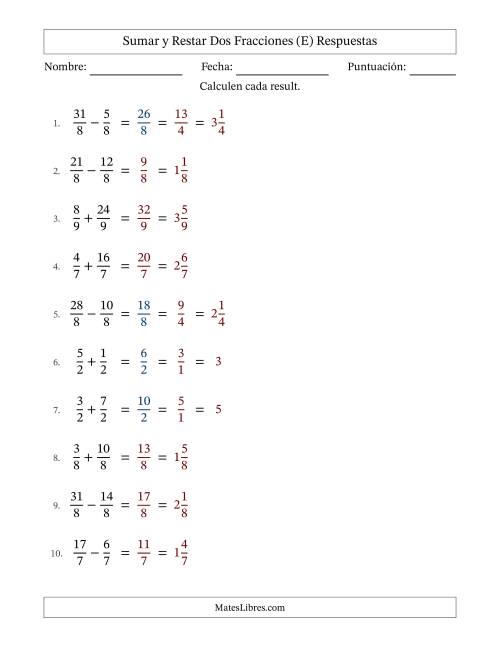 La hoja de ejercicios de Sumar y restar fracciones propias e impropias con denominadores idénticos, resultados en fracciones mixtas y con alguna simplificación (Rellenable) (E) Página 2