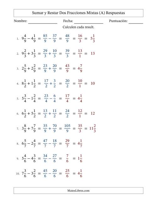 La hoja de ejercicios de Sumar y restar dos fracciones mixtas con denominadores idénticos, resultados en fracciones mixtas y con alguna simplificación (Rellenable) (A) Página 2