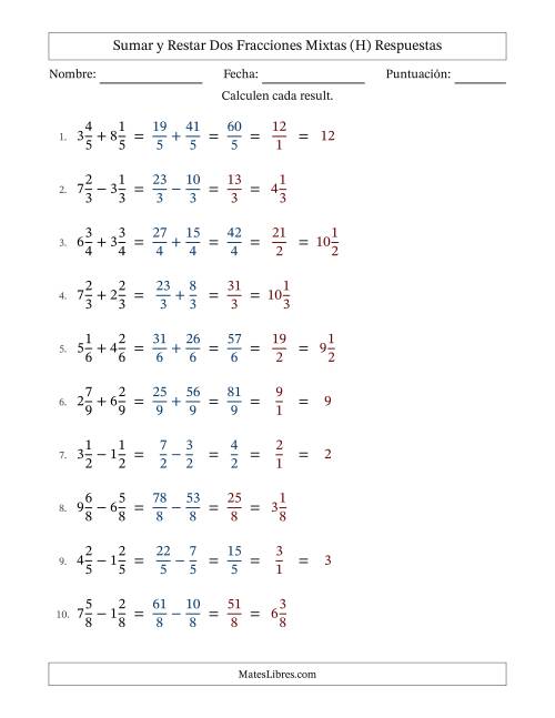 La hoja de ejercicios de Sumar y restar dos fracciones mixtas con denominadores idénticos, resultados en fracciones mixtas y con alguna simplificación (Rellenable) (H) Página 2